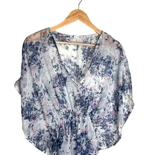 Floral Cover Up One Size Sheer White Blue Purple Knee Length V Neck Lightweight
