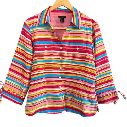Anne Carson | Red Yellow and Blue striped Silk Button down Shirt | Large