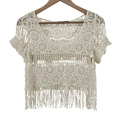 Dulcie Women's Small 100% Cotton Crochet Crop Top Ivory Fringe Hippie Boho