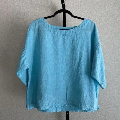 J Jill Linen Wide Cut Top Blue Large Relaxed Beach Lagenlook Vacation Summer