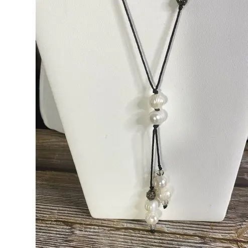 Real Pearls Baroque & Rhinestones Lariat Necklace On Black Cord Adjustable 30”