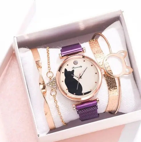 Women Fashion Watches Quartz Wristwatch Purple Mesh Belt Cat Dial Luxury Women