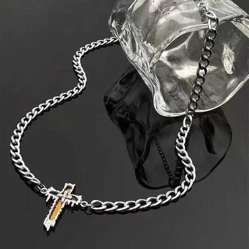 Link Chain Cross Necklace for Men Women Unisex Hip Hop Style Silver
