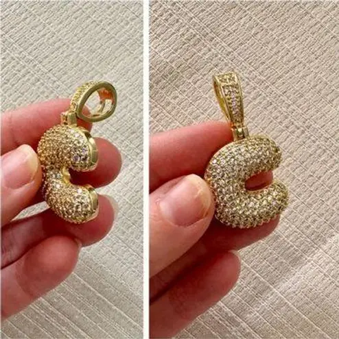 Golden Bubble Letter “C” Rhinestone Embellished Pendant, Chunky Initial Bling Gold