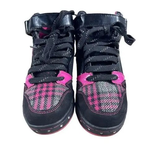 Q Factor Y2K 90s Rave Black Pink Plaid Front High Top Jewel Skater Sneakers 6