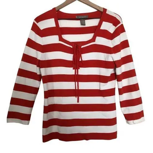 Kenar Red and White Striped Square Neck 3/4 Sleeve Corset Tie Knot Sweater Top