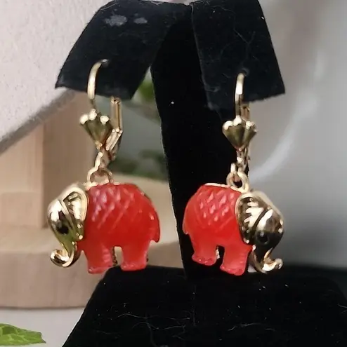 Gold Filled Necklace and Earrings Set Faux Red Jade Elephant