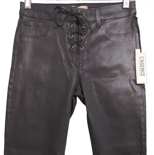 L'Agence Womens Cherie Front Lace Up Skinny Jeans Black Stretch Mid Rise 25 New