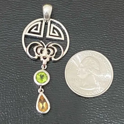 Sterling Silver Vintage 925 Peridot Citrine Geometric Celtic Dangle Pendant 7.9g