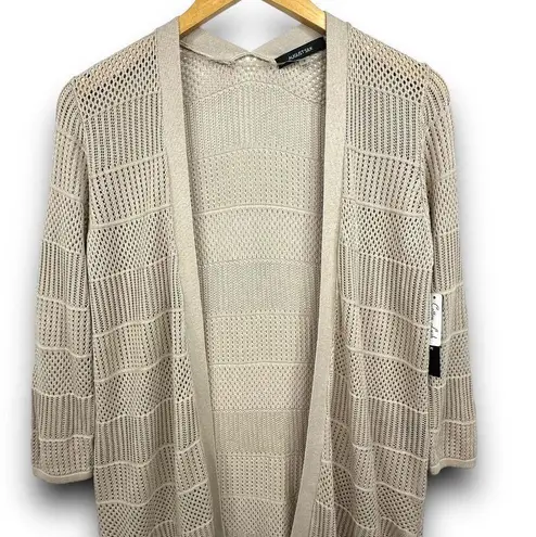 August Silk NEW  Open Knit Cardigan Longline Duster 3/4 Sleeves Cotton Tan Small