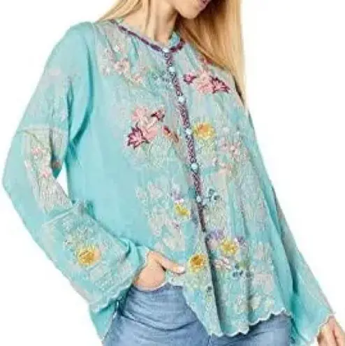 Johnny Was heavily embroidered “Albee” blouse in marine blue NWT