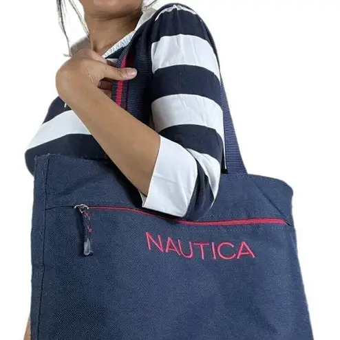 Nautica  Zip Top Embroidered Navy + Red Preppy Oversized Tote Bag