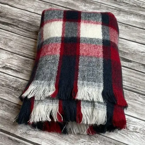 Unbranded Partially Felted Knit Woven Blanket Scarf Short Fringe Plaid Winter Blue