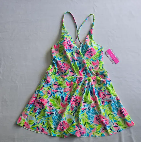 Stella Parker Women's Hem Wrap Swim Dress Tummy Toner Multi Waterlilly Size XL Pink