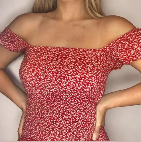 Sim & Sam Red Floral Smocked Mini Dress with Square Neck and Lace-Up Back