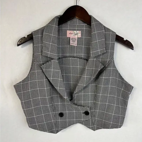 Plaid VEST Top Crop Vest Waistcoat Y2K Black White Check V Neckline Grunge Boho Gray Size L