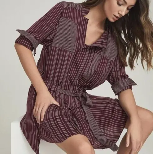Reiss NWT Albi Burgundy Striped Shirt Dress Size 0 Tie Waist Button Workwear