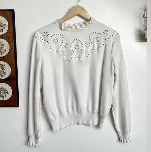 Cottagecore White Eyelet Knit Top Size XL