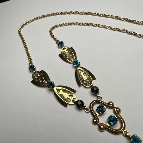 Retro Gold Tone Blue Rhinestone Y Drop Necklace