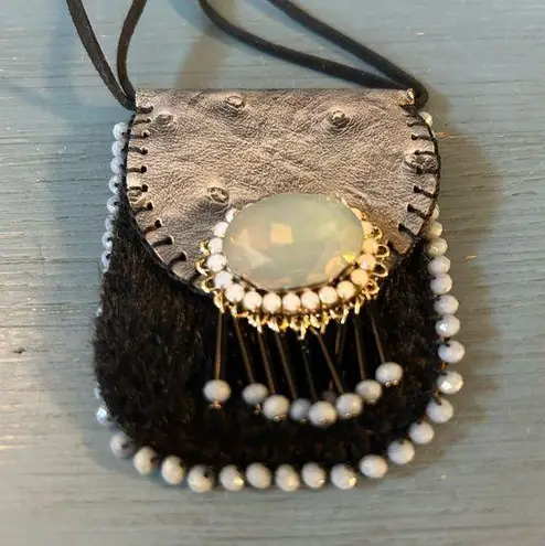 Tiny Native American Leather/Fur/Beads Medicine Bag (NWT) Black