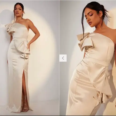 Boohoo Frill Detail One Shoulder Split Maxi Dress Gown Prom Bridesmaid