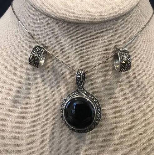JACK JUDITH Sterling Silver Onyx Marcasite Reversible Pendant & Huggies Earrings