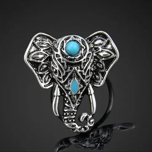 Bohemian Elephant Ring with Turquoise Accent Silver Plated Adjustable Open Band Silver