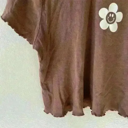PS/LA Sz L Womens Baby Tee Brown Happy Smiley Flower Crop Ruffle Hem 90s Y2K Size L