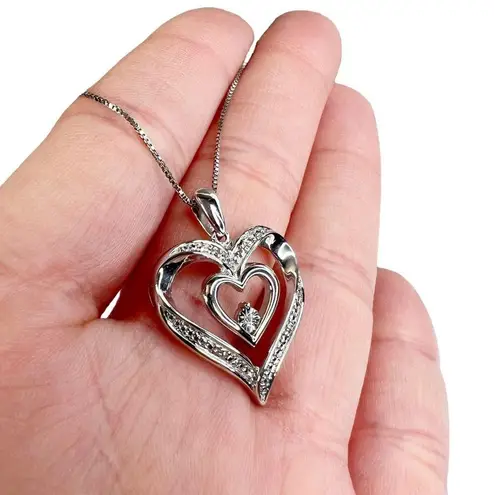 Diamond Double Heart Sterling Silver Box Chain Pendant Necklace