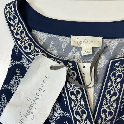 Magnolia Grace Embroidered Trim Knit Dress navy blue/white Sleeveless Size S Blue