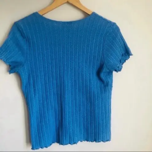 Fashion Bug Vintage Blue Y2K Criss Cross Lettuce Ruffle Blouse Shirt Peplum Babydoll Textured