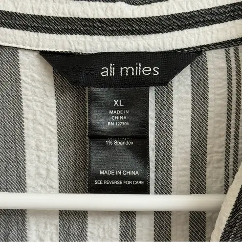 Ali Miles Women Sz XL Black White Stripe Minimalist Long Tunic Top Crinkle Artsy