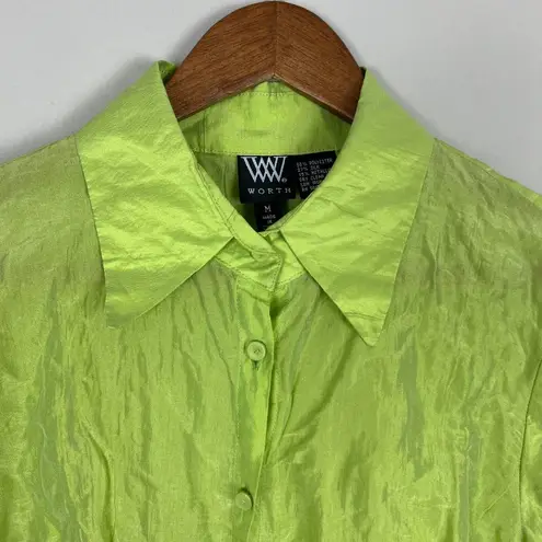 Worth Blouse Top Medium Green Silk Blend Crinkle Button Up 3/4 Scrunch Sleeve M