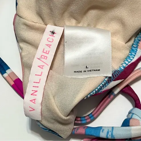 Vanilla Beach Bikini Top High Neck Strappy Criss Cross Blue Pink Striped NWOT L