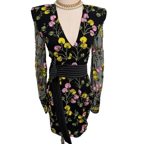 Zhivago In The Garden Floral Mesh Wrap Mini Dress black pink yellow size US 2
