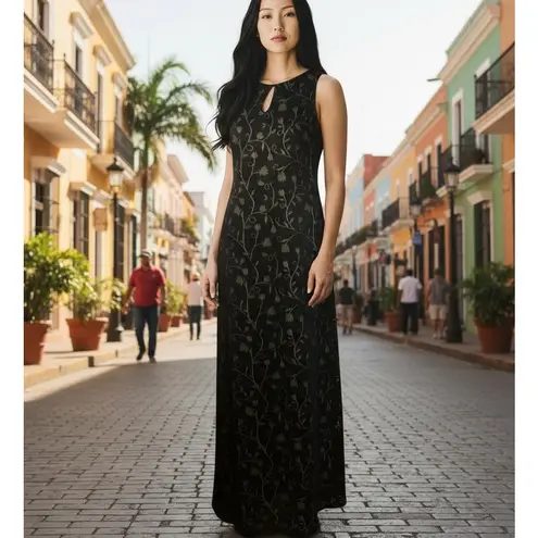 Saint Tropez West VTG Dress SZ 8 Sheer Overlay Lace Floral Black Sleeveless USA