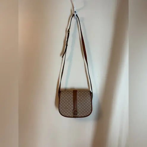 CELINE Vintage Crossbody Bag Macadam Canvas And Tan Brown Leather Trim With Gold