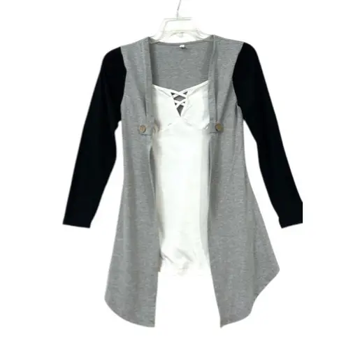 Relaxed Streetwear Mock Cardigan Top M – Preppy Casual Monochrome Contrast Size M