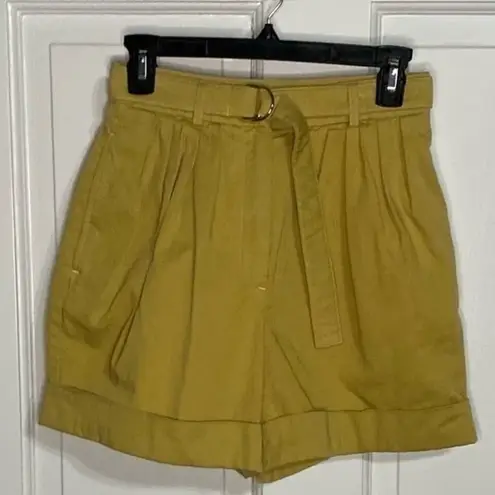 Acne Studios Rowanne Yellow Pleated Cuffed Hem High Waisted Belted Cotton Shorts