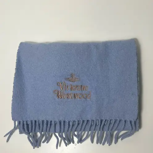 Vivienne Westwood Light Sky Blue Wool Scarf Orb Logo and Fringe Muffler Scarf