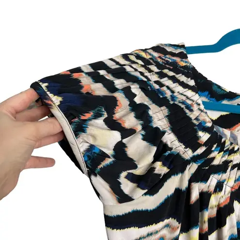 Valerie Stevens Abstract Print Pleated Neck Short Sleeve Blouse