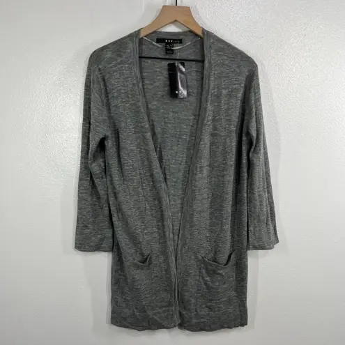 MNG by Mango Gray 100% Cotton Open Front Cardigan Sweater Pockets Womens Large