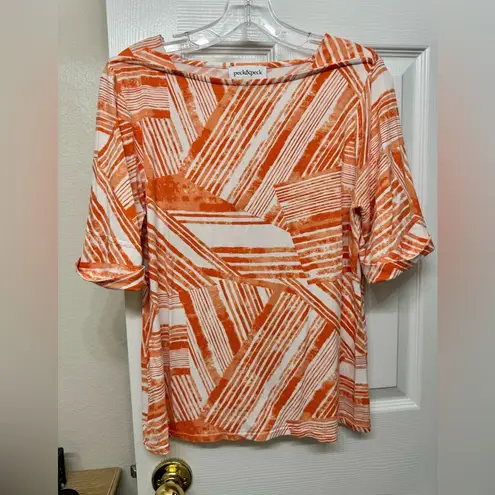 Peck & Peck  Women's Orange & White Boat Neck Short Sleeve Stretch Blouse Shirt L