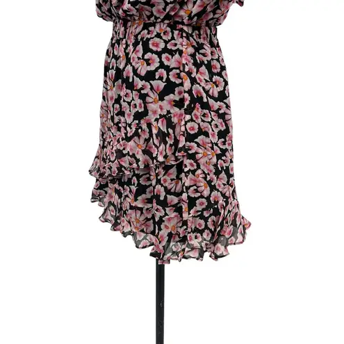 Karina Grimaldi Black Pink Floral Print Silk Surplice Neck Mini Dress XS