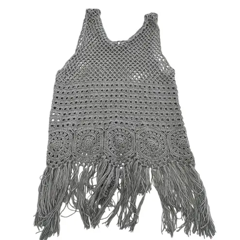 Meskita Tank Top Womens Small Crochet Fringe Boho Knit Festival Layered Beach Gray