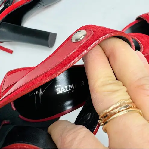 Balmain Giuseppe Zanotti For Red Suede Buckle Strappy Sandals Size 38