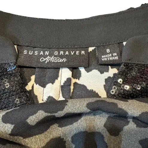 Susan Graver Long Sleeve Tunic Sequin Leopard Black Gray Tan 8