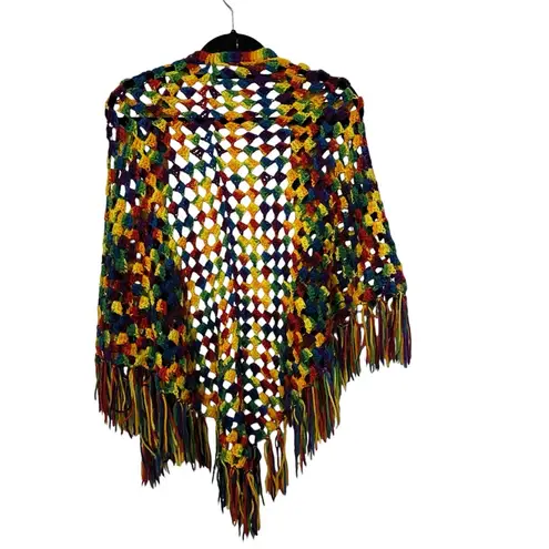 Vintage Handmade Crochet Rainbow Multicolor Open Knit Shoulder Shawl Fringe Blue Size one size