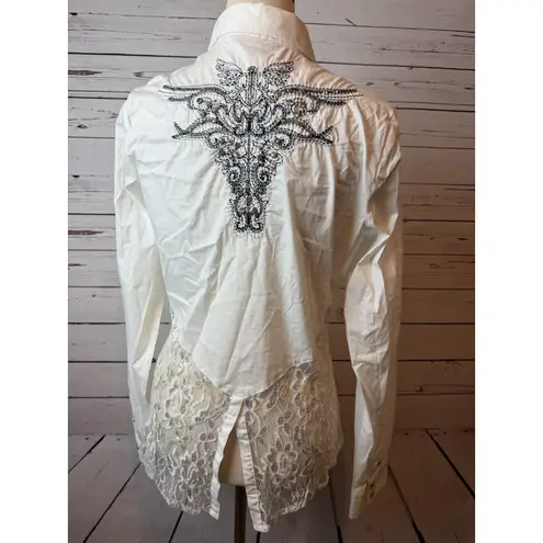 Roar Western Shirt large Signature Cowgirl Rodeo Pageant Blouse White Lace Bling