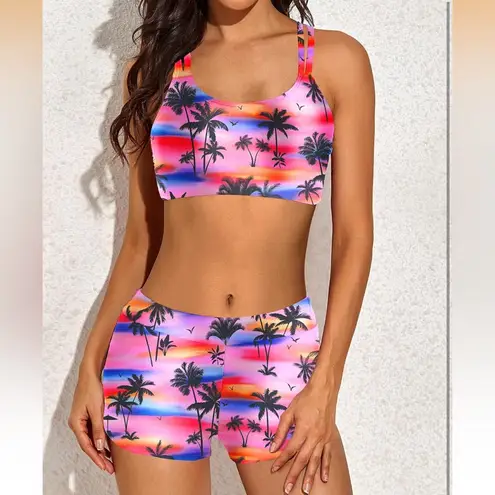 Tempt me 3 Piece Athletic Tank Top Bathing Suits Boy Shorts and Sports Bra Pink Size XL